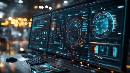 Obraz premium Futuristic Control Room Displays Showing Data Analysis