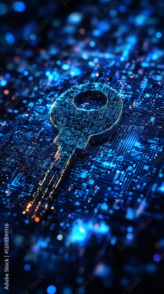 Poster digital security concept featuring key protecting encrypted data circuit board, representing cyberse