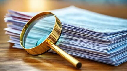 Close-up of scattered or stacked documents and a magnifying glass on a wooden desk, symbolizing investigation of financial fraud, with copy space for text or design.