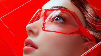 Bright red aesthetic with a woman wearing transparent glasses