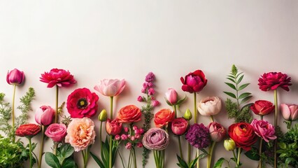 A vibrant array of blossoms in varying shades of pink and red, arranged in a captivating floral border against a soft, neutral backdrop