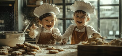 Two children, wearing aprons and chef hats, are having fun making cookies in the kitchen.