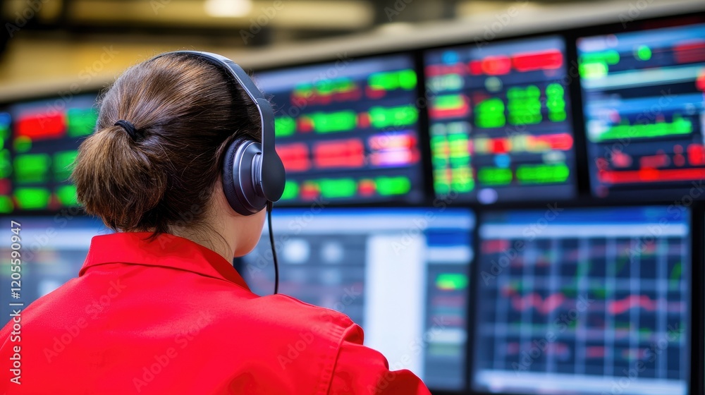 Poster professional trader monitoring multiple screens with market data.