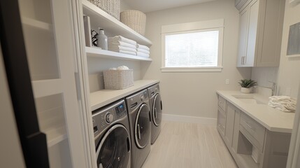 Modern Laundry Room with Stainless Steel Appliances and Winter View