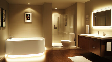 Modern bathroom with freestanding tub, glass shower, and elegant lighting. warm tones and sleek design create relaxing atmosphere, perfect for unwinding