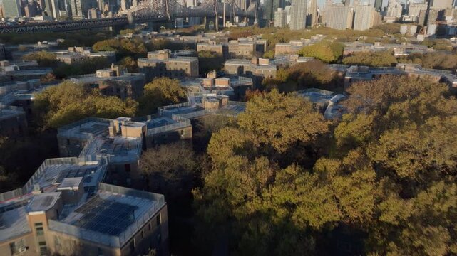 Autumn hued landscape featuring Queensbridge Houses public housing development near Queensboro Bridge, connecting Roosevelt Island with Long Island City skyline in Queens