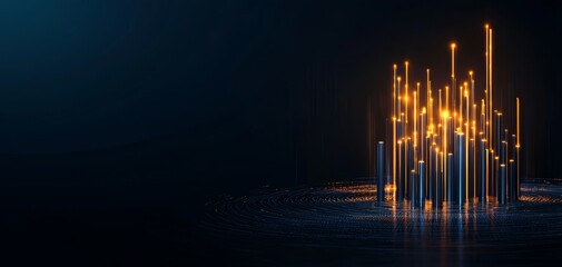 A vibrant digital landscape with glowing vertical bars and a dark background, representing data visualization or technological advancement.
