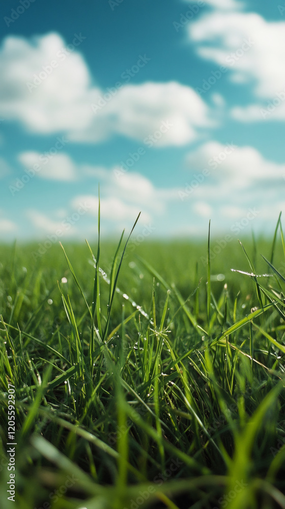 Aufkleber dewy emerald grass shimmering beneath overcast sky, catching soft sunlight filtering through wispy c