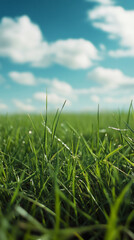 Fototapeta premium Dewy emerald grass shimmering beneath overcast sky, catching soft sunlight filtering through wispy clouds