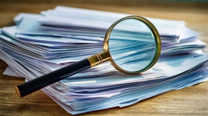 Close-up of scattered or stacked documents and a magnifying glass on a wooden desk, symbolizing investigation of financial fraud, with copy space for text or design.