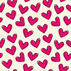 seamless pattern featuring hand-drawn pink hearts on a light background, creating a playful and romantic design perfect for Valentine's Day or love-themed