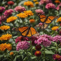Create a vibrant scene featuring a monarch butterfly perched delicately on a colorful flower, surrounded by other butterflies fluttering gracefully among a lush garden of blooming flowers. 