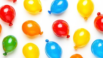 Colorful Water Balloons Scattered on White Background Summer Fun Party Supplies