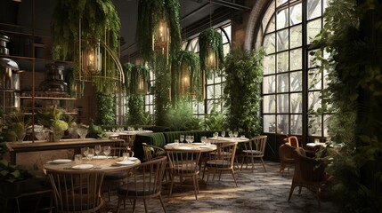 Fototapeta premium A photo of a garden restaurant interior with botanical garden