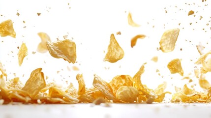Fototapeta premium Crispy Potato Chips Falling and Landing Delicious Snack Food White Background