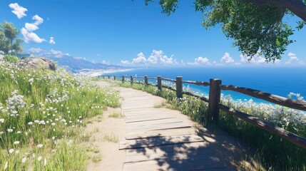 Coastal boardwalk path, wildflowers, ocean view, summer