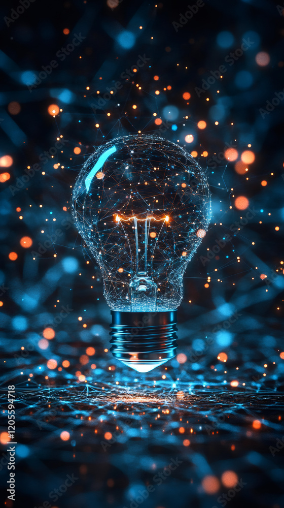 Poster glowing polygonal light bulb floating over digital network, revealing innovative technology through 