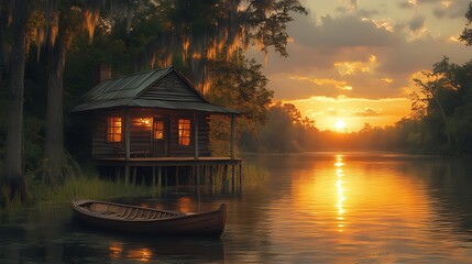 Fototapeta premium Sunset swamp cabin riverboat tranquility landscape