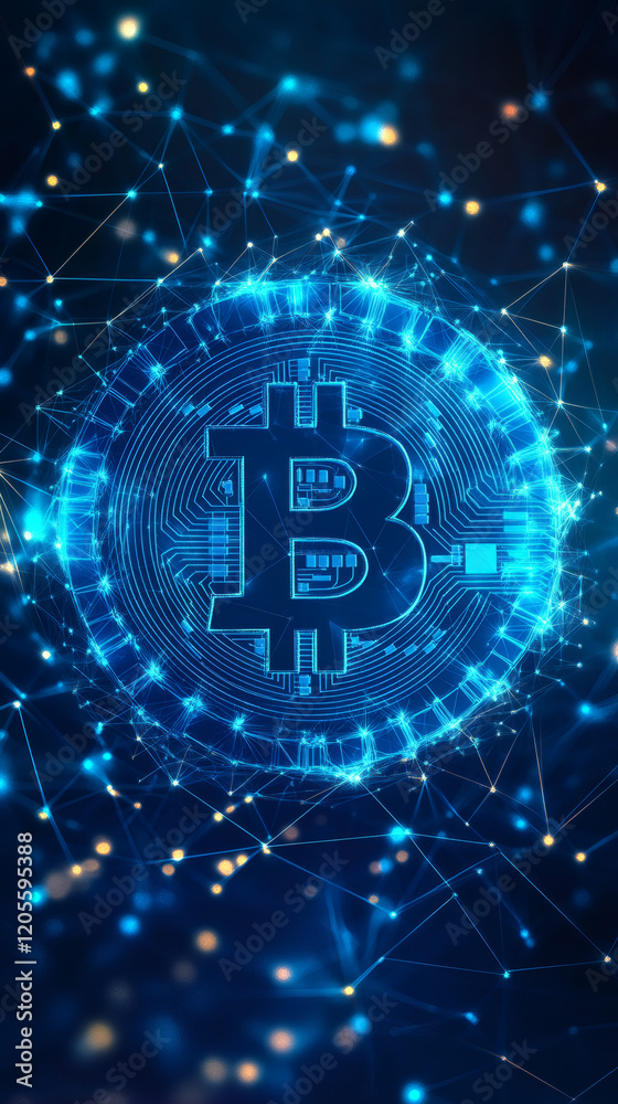 Aufkleber Bitcoin symbol shining over futuristic plexus network background representing cryptocurrency and blockchain technology
