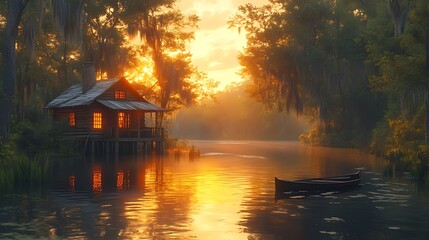 Fototapeta premium Sunrise Bayou Cabin, Misty River, Peaceful Swamp, Travel Poster