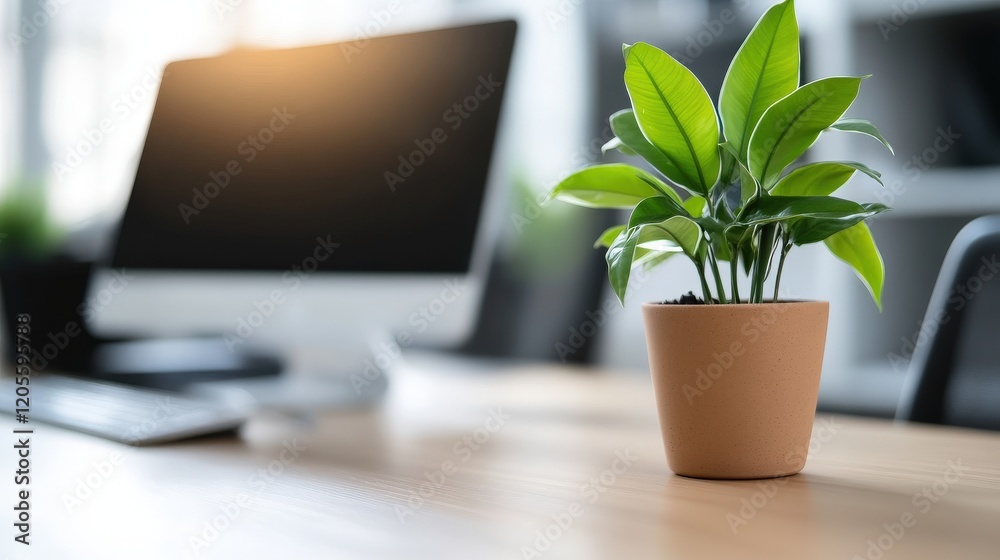 Poster Lush Green Potted Plant on Office Desk with Computer Screen in Soft Focus, Creating a Fresh and Inviting Workspace Atmosphere Ideal for Productivity and Wellness