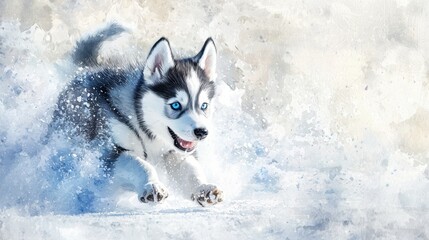 Naklejka premium A young husky dog is running through the snow