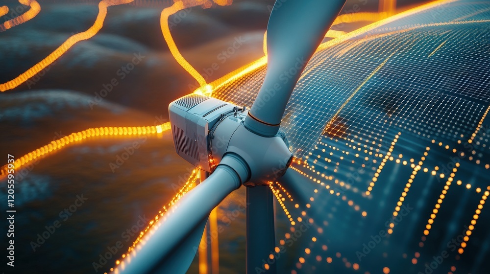 Poster innovative wind turbine technology showcasing renewable energy solutions with advanced digital eleme