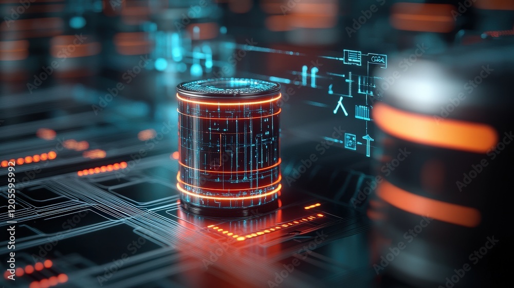 Poster futuristic data storage visualization with neon lights, circuit patterns, and digital elements refle