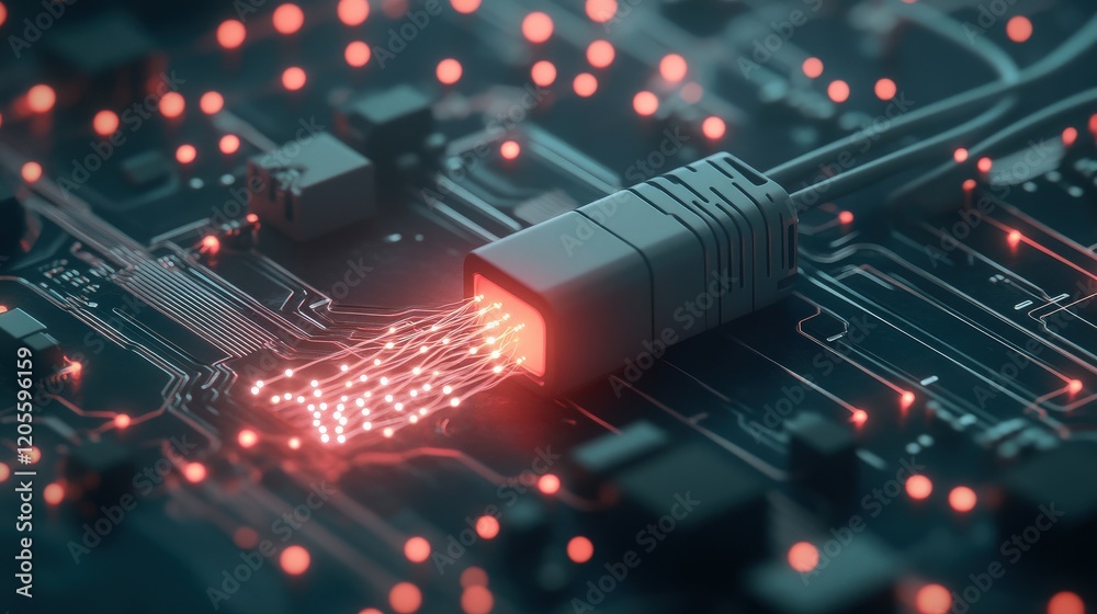 Aufkleber Abstract depiction of a network cable connected to a circuit board, illuminated by glowing data streams, representing advanced technology and digital connectivity in a futuristic setting.