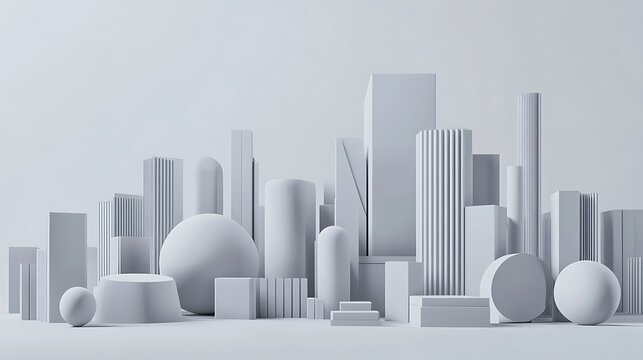 Abstract Geometric Cityscape with White Cylinders, Cubes, and Spheres