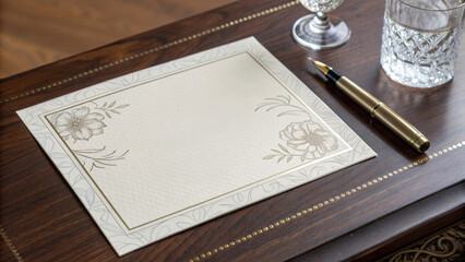 Cream Stationery Sheet Featuring Gold Embossed Floral Corners on Dark Wood with Fountain Pen and Crystal Glasses