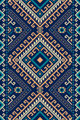 Traditional Ethnic Tribal Geometric Seamless Pattern in Blue and Beige. Abstract Aztec Ethnic Pattern with Geometric and Tribal Elements. Design for Fabric and Wallpaper. Vector illustration.
