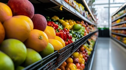 Bright and organized grocery store aisle filled with fresh fruits and vegetables, showcasing vibrant colors and natural textures