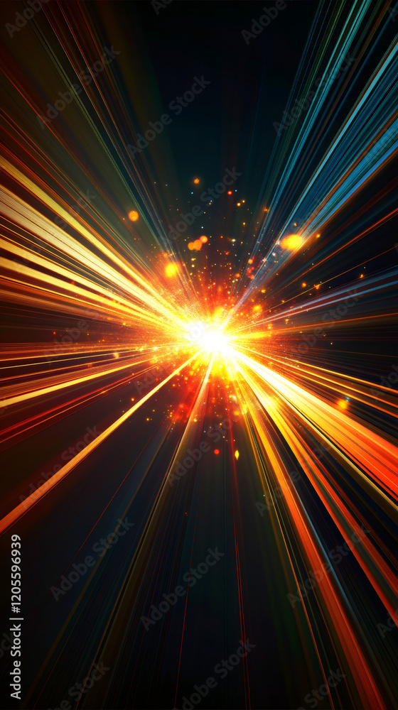 Poster Dynamic light streaks radiating from glowing epicenter, generating vibrant abstract energy pattern with intense radial motion