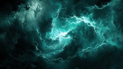 Fototapeta premium Teal and Dark-Green Swirling Clouds Create Stormy Cosmic Nebula Effect