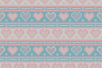 Seamless Heart Cross-Stitch Pattern in Pastel Colors for Textiles, Fabrics and Crafts. Blue and Pink Knitted Heart Motif Pattern for Valentine's Day Decor and Romantic Backgrounds.Vector illustration.