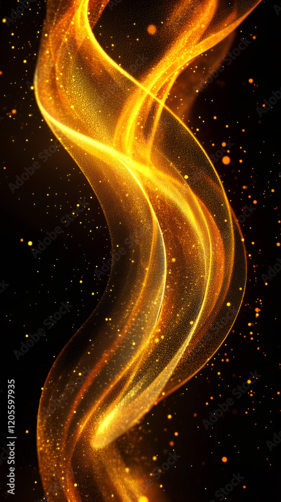 Poster golden particles streaming across dark backdrop, forming dynamic waves representing elegance, innova