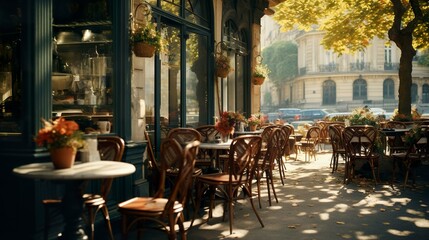 Fototapeta premium A photo of a Parisian cafe interior with outdoor seat