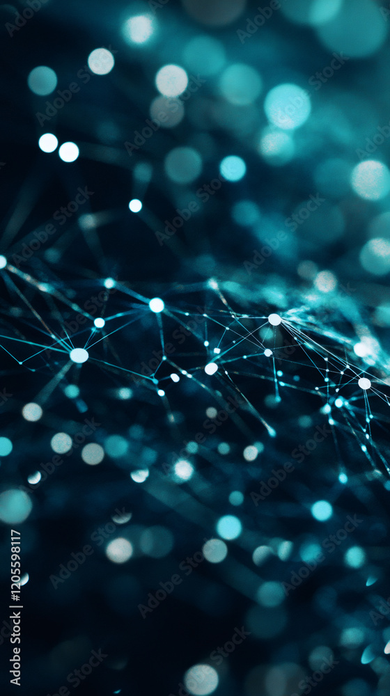 Poster Plexus effect with glowing dots and lines forming a network over a dark blue background with bokeh effect, ideal for technology and communication concepts