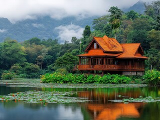 Fototapeta premium Wooden house with orange roof reflected in a lake surrounded by lush green vegetation and mountains