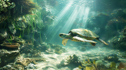 Sea turtles, rocks, and the seabed, sunlight shining through the surface of the water, allowing sea turtles to swim leisurely2
