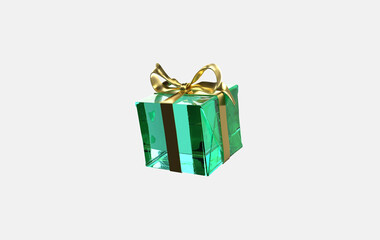 3d green glass gift box on isolated background