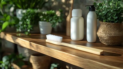 A wooden shelf with a toothbrush and two bottles of shampoo and conditioner