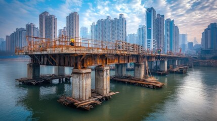 Urban Bridge Reconstruction Project Near Skyscrapers