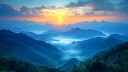 Obraz premium A beautiful mountain valley with a large field of grass and a large rock formation. The sun is setting in the distance, casting a warm glow over the landscape. The scene is peaceful and serene