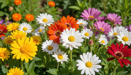 Fototapeta premium Colorful garden daisies in bloom on a sunny day 