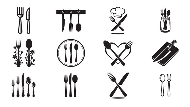 Cutlery Silhouette Design Bundle On White Background.