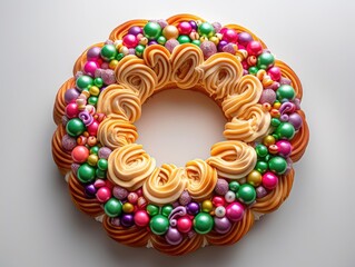 This delightful flat lay features a traditional pie showcasing an array of colorful frosting swirls and playful sprinkles. The bright hues create an inviting dessert, perfect for celebrations