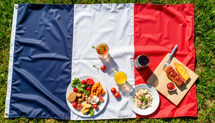 Bastille Day picnic feast on French flag blanket, festive celebration