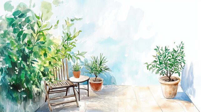 A painting of a patio with a wooden chair and a table